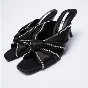 Zara Black Satin Heeled Mules with Rhinestone Detailing, Size 38(7.5)